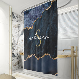 Monogram Blauwe Goud Agaat Geode Douchegordijn