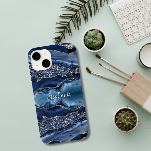 Monogram Blauwe Goud Agaat Marmer Glitter Case-Mate iPhone Case
