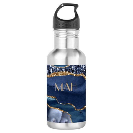 Monogram Blauwe Gouden Glitter Agate Marmer Trendy Waterfles (Voorkant)