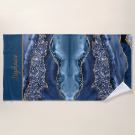 Monogram Blauwe Gouden Glitter Agate Patroon Trend Strandlaken