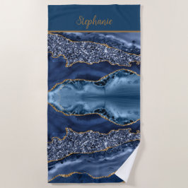 Monogram Blauwe Gouden Glitter Agate Patroon Trend Strandlaken
