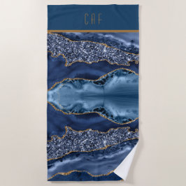 Monogram Blauwe Gouden Glitter Agate Patroon Trend Strandlaken