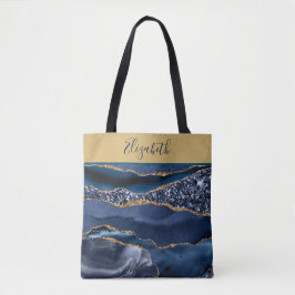 Monogram Blauwe Gouden Glitter Agate Trendy Marmer Tote Bag