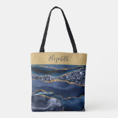 Monogram Blauwe Gouden Glitter Agate Trendy Marmer Tote Bag (Achterkant)