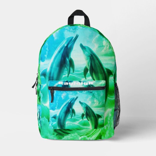 Monogram Blauwe & Groene Dolfijnen Oceaan | Bedrukte Rugzak (Voorkant)