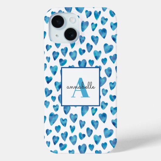 Monogram blauwe hart Waterverf Case-Mate iPhone Case (Achterkant)