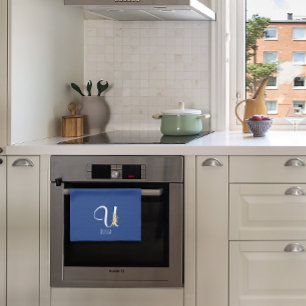 Monogram blauwe keukenhanddoek huis verwarmingscad