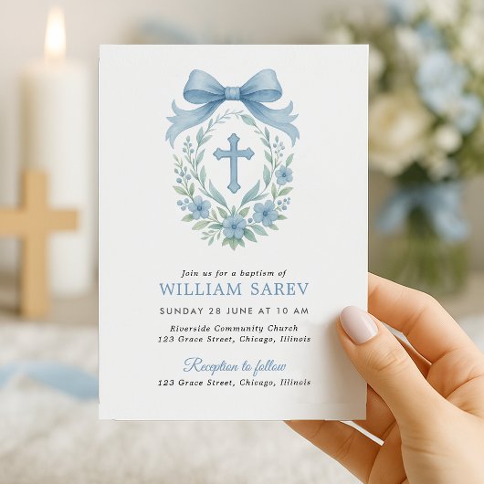 Monogram Blauwe Krans Doop Uitnodiging voor Jongen