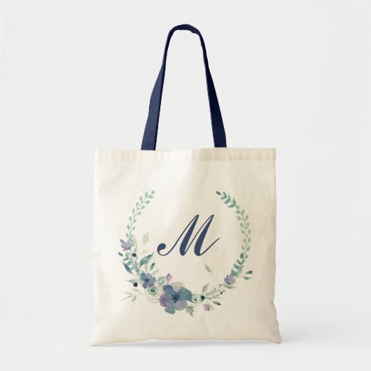 Monogram blauwe krans waterverf bloemstuk tote bag (Voorkant)