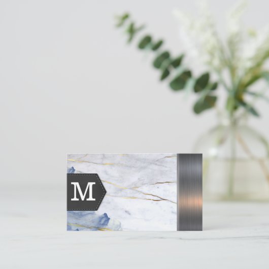 Monogram | Blauwe marmeren metallic trim Visitekaartje (Staand voorkant)