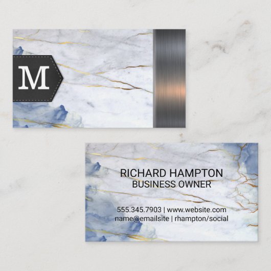 Monogram | Blauwe marmeren metallic trim Visitekaartje (Voorkant / Achterkant)