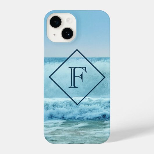 Monogram blauwe oceaangolven kruipen op strand iPhone hoesje (Achterkant)