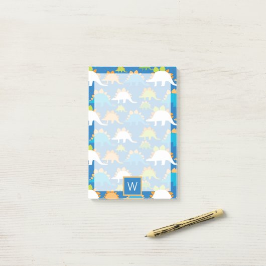 Monogram | Blauwe Oranje groene dinosaurussen Post-it® Notes (Op bureau)