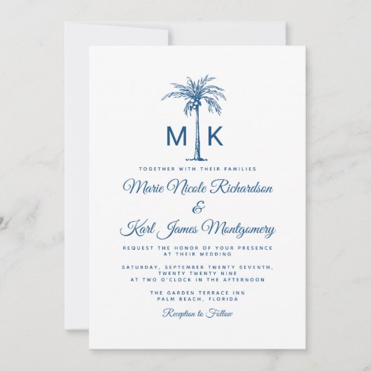 Monogram Blauwe Palm Tree Formele Strand Wedding Kaart (Voorkant)