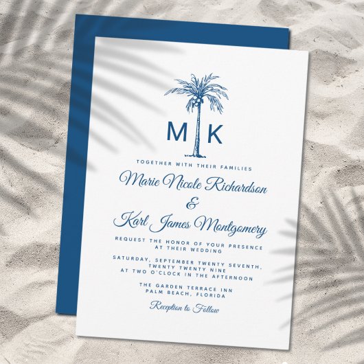 Monogram Blauwe Palmboom Formele Strand Bruiloft Kaart
