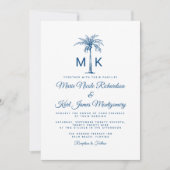 Monogram Blauwe Palmboom Formele Strand Bruiloft Kaart (Voorkant)