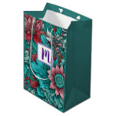 Monogram Blauwe Rode Bloemen Medium Cadeauzakje (Voorkant Gekanteld)