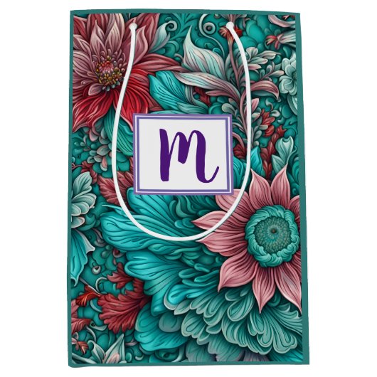 Monogram Blauwe Rode Bloemen Medium Cadeauzakje (Voorkant)
