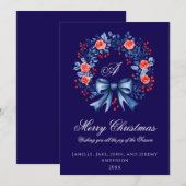 Monogram blauwe rode krans Kerstmis Feestdagenkaart (Voorkant / Achterkant)
