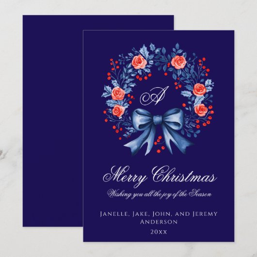 Monogram blauwe rode krans Kerstmis Feestdagenkaart (Voorkant / Achterkant)