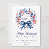 Monogram Blauwe Rode Krans Kerstmis Feestdagenkaart (Voorkant)