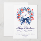 Monogram Blauwe Rode Krans Kerstmis Feestdagenkaart (Voorkant / Achterkant)