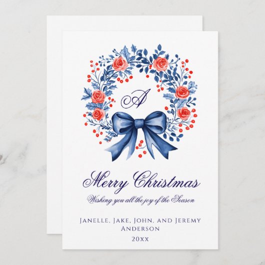 Monogram Blauwe Rode Krans Kerstmis Feestdagenkaart (Voorkant / Achterkant)