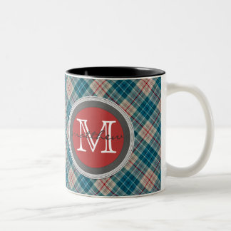 Monogram blauwe rode speldenachtergrond tweekleurige koffiemok