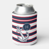 Monogram Blauwe Rode Witte Nautische Stripes Blikjeskoeler (Blikje Voorkant)