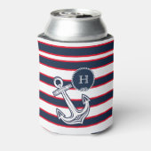 Monogram Blauwe Rode Witte Nautische Stripes Blikjeskoeler (Blikje Achterkant)