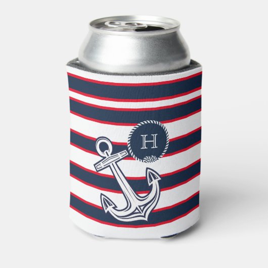 Monogram Blauwe Rode Witte Nautische Stripes Blikjeskoeler (Blikje Achterkant)