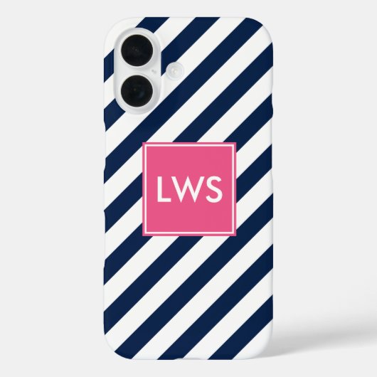 Monogram blauwe roze diagonaal strepen Case-Mate iPhone case (Achterkant)