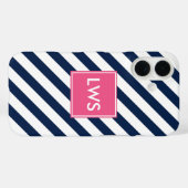 Monogram blauwe roze diagonaal strepen Case-Mate iPhone case (Achterkant (horizontaal))