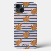 Monogram  blauwe strepen en blad Case-Mate iPhone case (Achterkant)