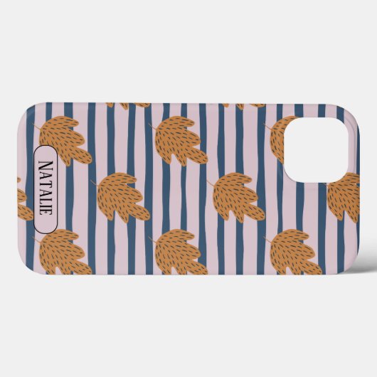Monogram  blauwe strepen en blad Case-Mate iPhone case (Achterkant (horizontaal))