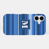 Monogram blauwe strepen  iPhone 16 hoesje (Achterkant horizontaal)