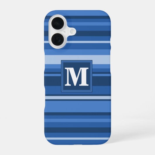 Monogram blauwe strepen  iPhone 16 hoesje (Achterkant)