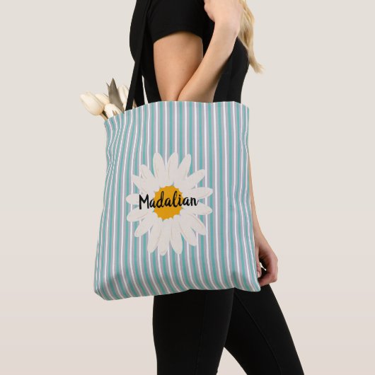 Monogram blauwe strepen met leuke bloementrendy tote bag (Dichtbij)