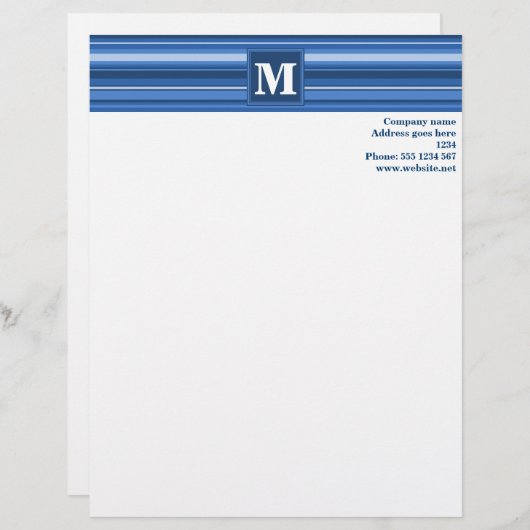 Monogram blauwe strepen persoonlijk briefhoofd (Voorkant / Achterkant)