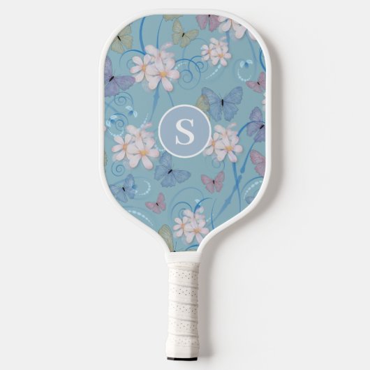 Monogram blauwe vlinder bloemig pickleball paddle (Achterkant)
