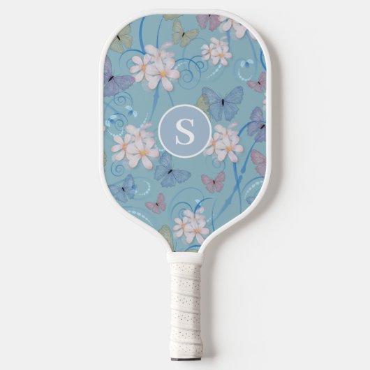 Monogram blauwe vlinder bloemig pickleball paddle (Voorkant)