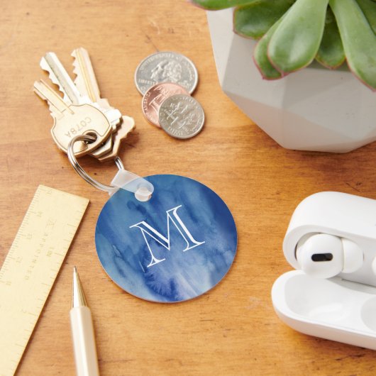 Monogram Blauwe Waterverf Structuur Abstract schil Sleutelhanger (Bureau)