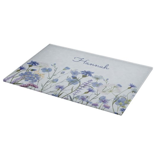 Monogram Blauwe Waterverf Wildbloem Bloemen Snijplank (Hoek)