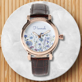 Monogram Blauwe Waterverf Wildflower Meadow Horloge