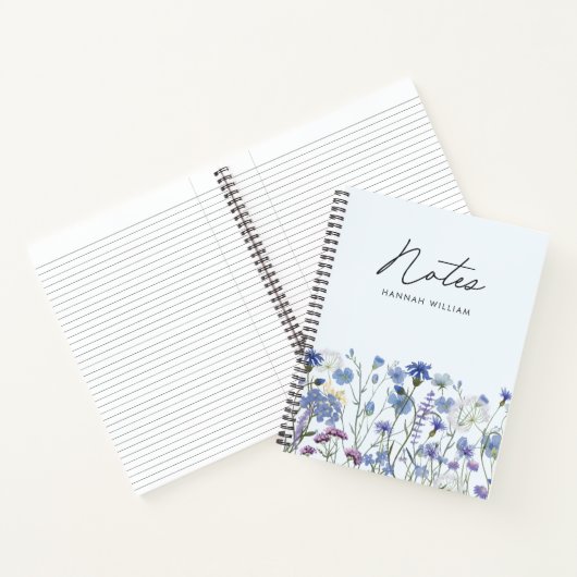 Monogram Blauwe Waterverf Wildflower Meadow Notitieboek (Binnen)