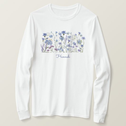 Monogram Blauwe Waterverf Wildflower Meadow T-shirt (Design voorkant)
