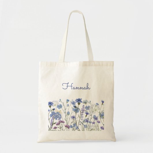 Monogram Blauwe Waterverf Wildflower Meadow Tote Bag (Voorkant)