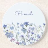 Monogram Blauwe Waterverf Wildflower Meadow Zandsteen Onderzetter (Voorkant)
