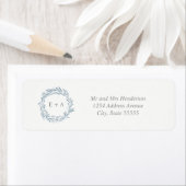 Monogram Blauwe Waterverf Wreatreturn Address Etiket (Insitu)
