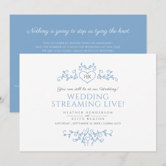 Monogram blauwe witte bladeren trouwstroom aankondiging (Voorkant / Achterkant)